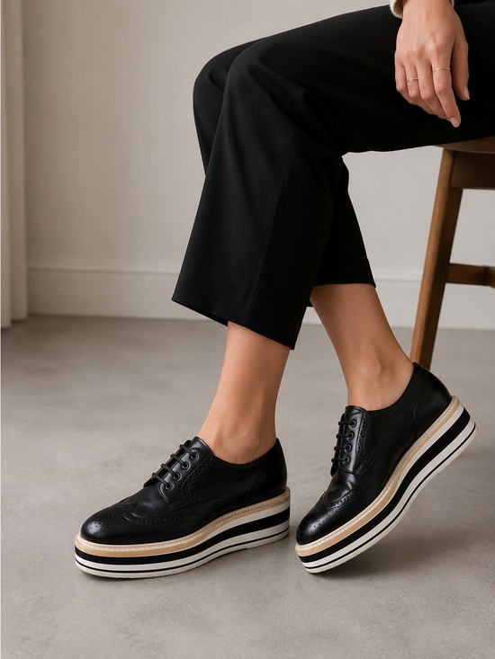 Prada Shoes - Prada Spazzolato Leather Platform Brogues 36 Black Wingtip Derby Elevated Sole